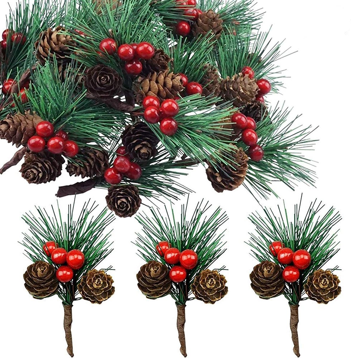 KIARA 20 stuks kleine kunstmatige dennentakken met bessen en dennenappels ideaal voor kerstdecoratie kerstdecoratie adventsdecoratie buiten binnen zelf maken knutselen adventkrans advent tafeldecoratie