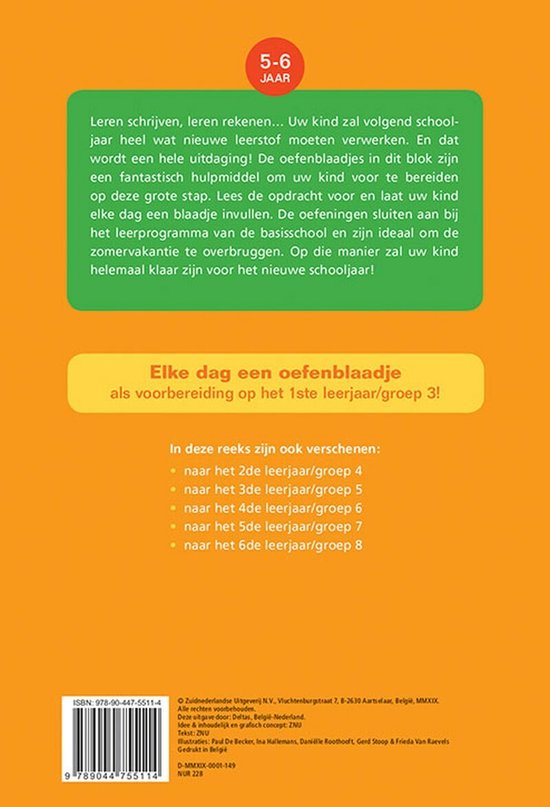 Dos de "Vakantie oefenblaadjes". Contient des informations sur le contenu, le groupe cible (5-6 ans) et d'autres titres de la série.