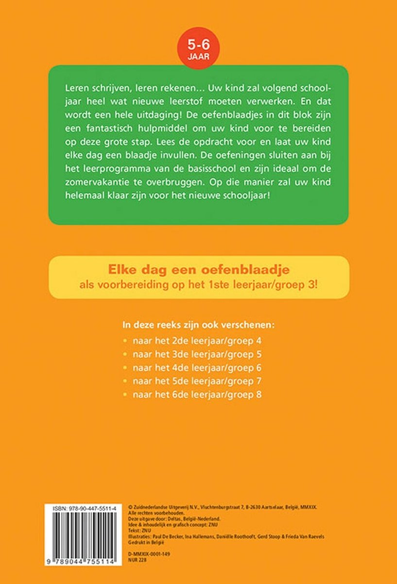Dos de "Vakantie oefenblaadjes". Contient des informations sur le contenu, le groupe cible (5-6 ans) et d'autres titres de la série.