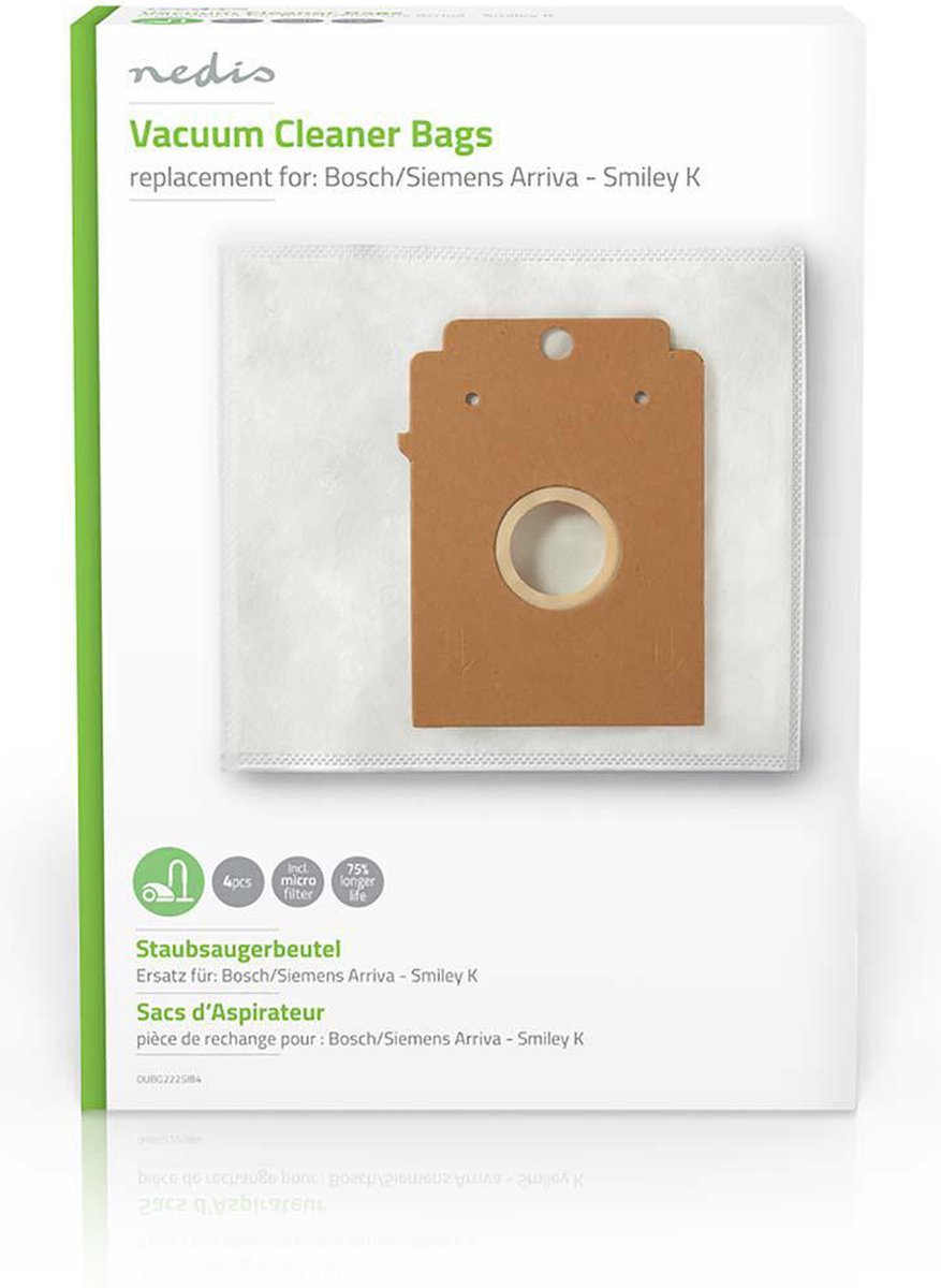 Nedis Stofzuigerzak - 4 Stuks - Synthetisch - Meest verkocht voor: Bosch / Siemens - Wit