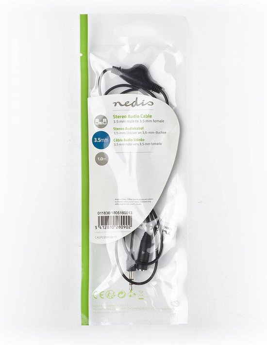 Nedis CAGB22150BK02 Stereo-audiokabel 3,5 Mm Male 2x 3,5 Mm Female Vernikkeld 0 20 M Rond Antraciet Doos