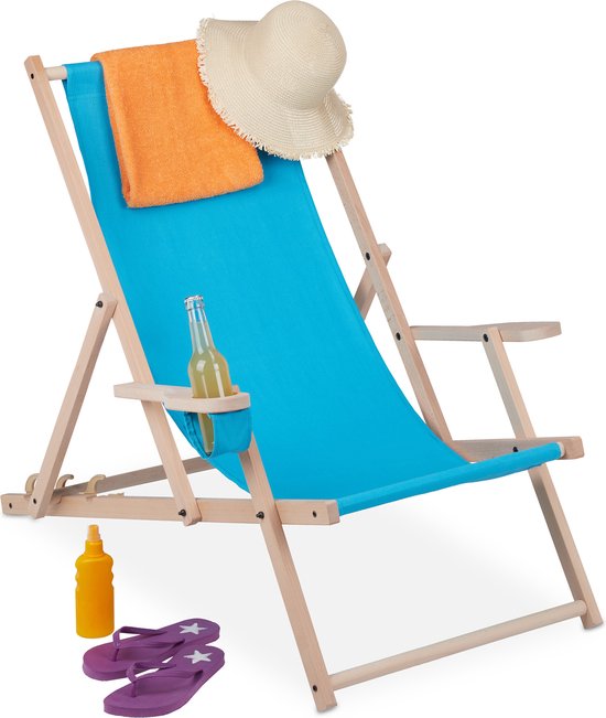 Relaxdays strandstoel inklapbaar - ligstoel hout  - campingstoel verstelbaar - leuning - light Blue