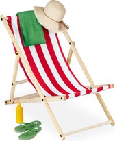 Relaxdays strandstoel hout - inklapbaar - opvouwbare ligstoel - klapstoel - gestreept - wit-rood