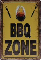 Wandbord – BBQ zone - Barbeque - Retro -  Wanddecoratie – Reclame bord – Restaurant – Kroeg - Bar – Cafe - Horeca – Metal Sign – 20x30cm