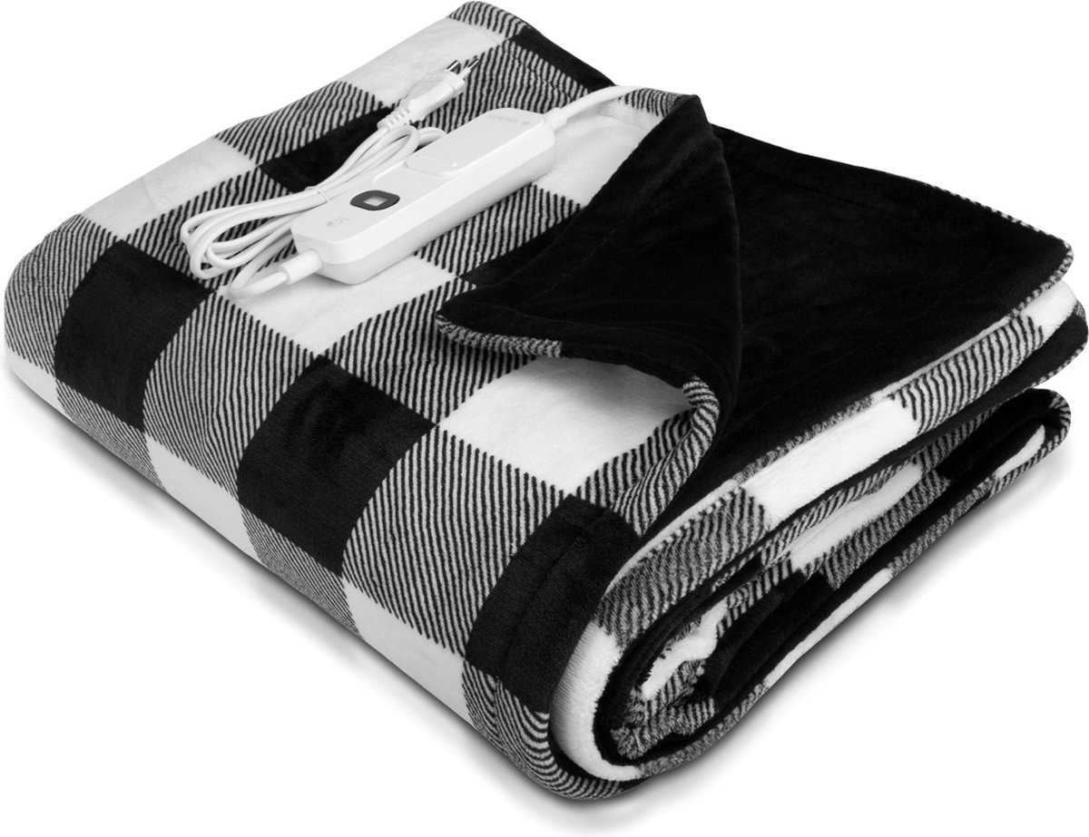 Navaris XXL elektrisch poncho deken Met 3 warmtestanden timer en automatische uitschakeling Wasbaar warmtedeken van 130 x 180 cm Zwart wit