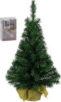 Volle kunst kerstboom 45 cm in jute zak inclusief 20 warm witte lampjes - Mini kerstbomen met verlichting