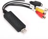 Zwarte USB-videograbber met RCA-ingangen en USB-stekker.