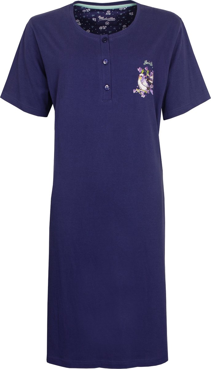 Medaillon Dames Nachthemd - 100% Katoen - Donker Blauw - Maat S