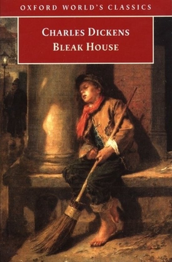 Couverture du livre : Bleak House de Charles Dickens, avec une peinture d'un garçon en vêtements anciens, dormant avec un balai.