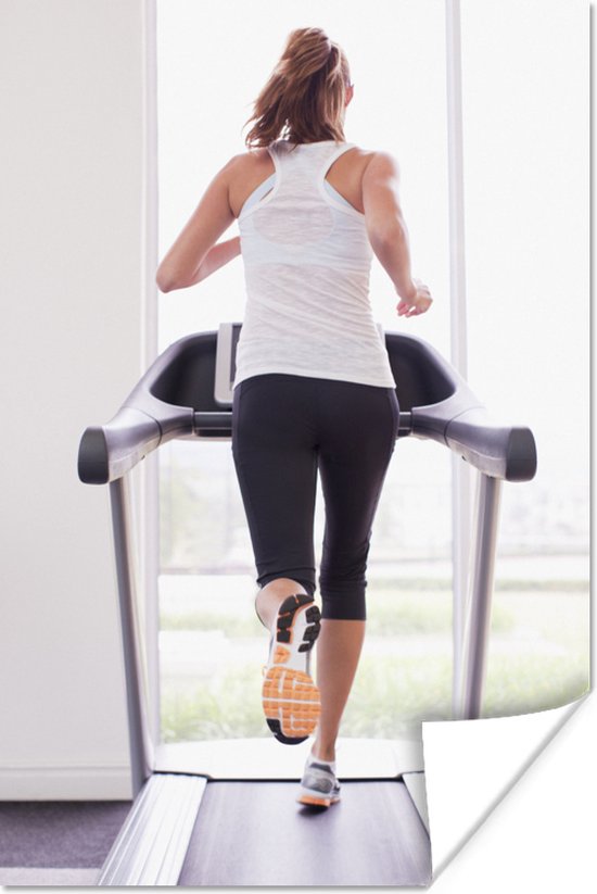 Vrouw doet aan fitness op een loopband poster 120x180 cm - Foto print op Poster (wanddecoratie woonkamer / slaapkamer) XXL / Groot formaat!