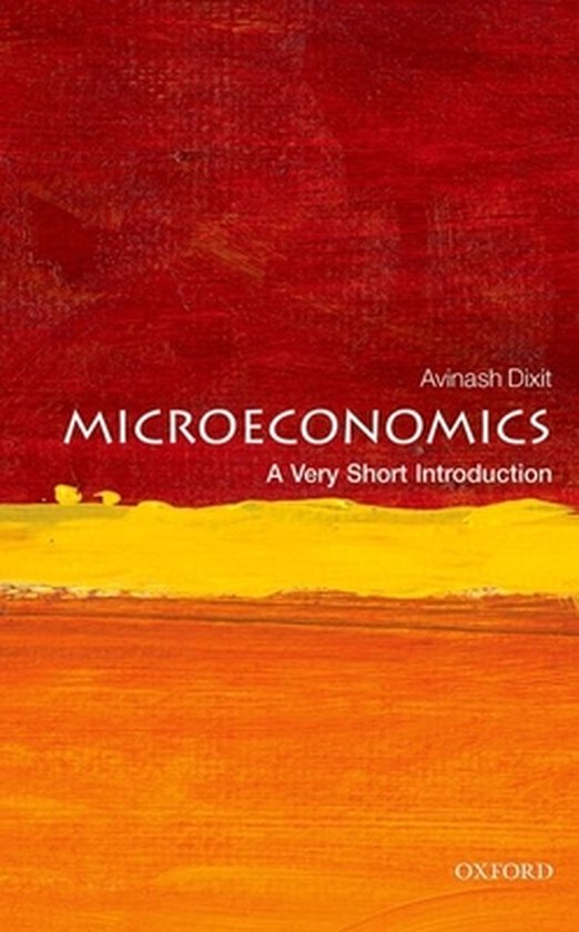 Boekomslag van Microeconomics A Very Short Introduction door Avinash Dixit, met een abstracte achtergrond in rood en oranje.