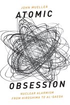 Boekomslag met de titel 'Atomic Obsession' door John Mueller, met een abstracte, chaotische lijntekening.