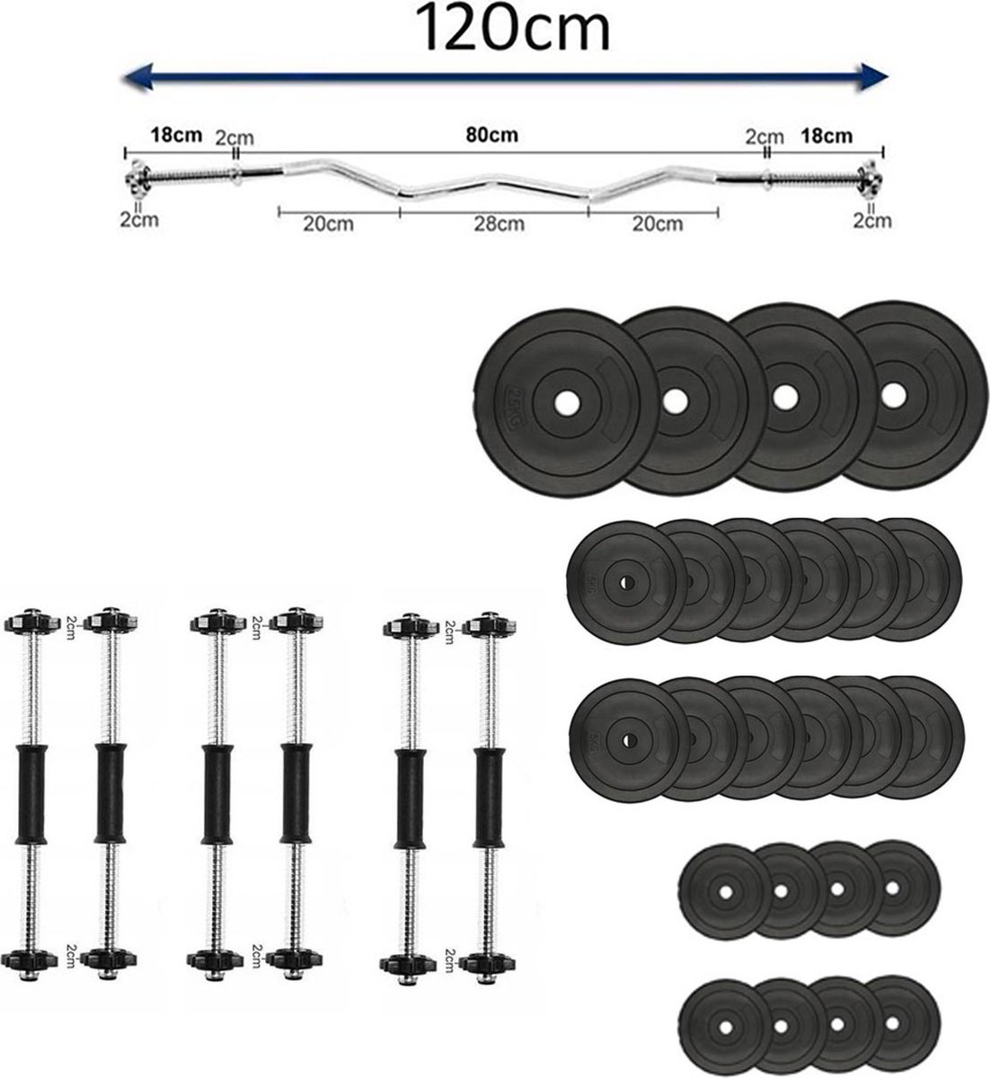 65kg Halterset 6 halters + Curl Stang - Afstelbare Gewichtenset – Fitness set – 6 x Dumbell – Halterstangset - 65kg halterschijven thumbnail 2