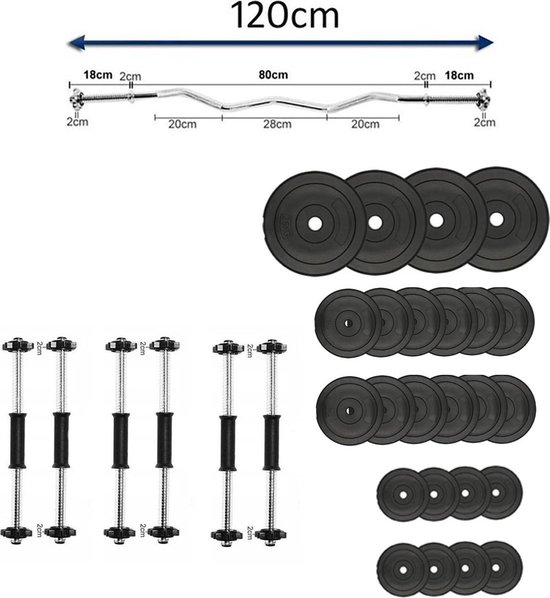 Foto: 65kg halterset 6 halters curl stang afstelbare gewichtenset fitness set 6 x dumbell halterstangset 65kg halterschijven