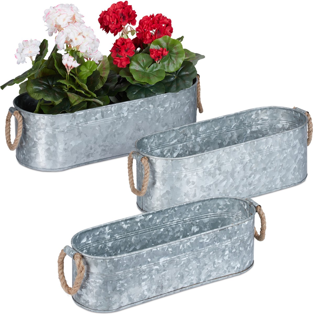 Lot De 3 Jardinières Suspendues En Fer Galvanisé - Design Argenté, Pour Balcon Ou Jardin, Dimensions Variées