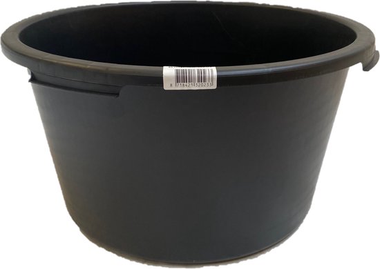Zwarte 40 liter kuip, rond, met label en barcode.