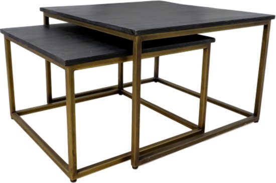 Salontafel Set - Salontafel - Salontafels - Bijzettafels - Mangohout - Industrieel - Goud - 70 cm breed