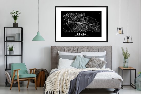 Affiche avec cadre Carte - Gouda - Zwart - 120x80 cm