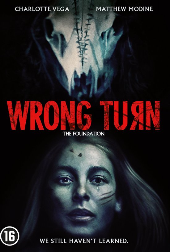 DVD-hoes van de film 'Wrong Turn: The Foundation' met een schedel en een gezicht.