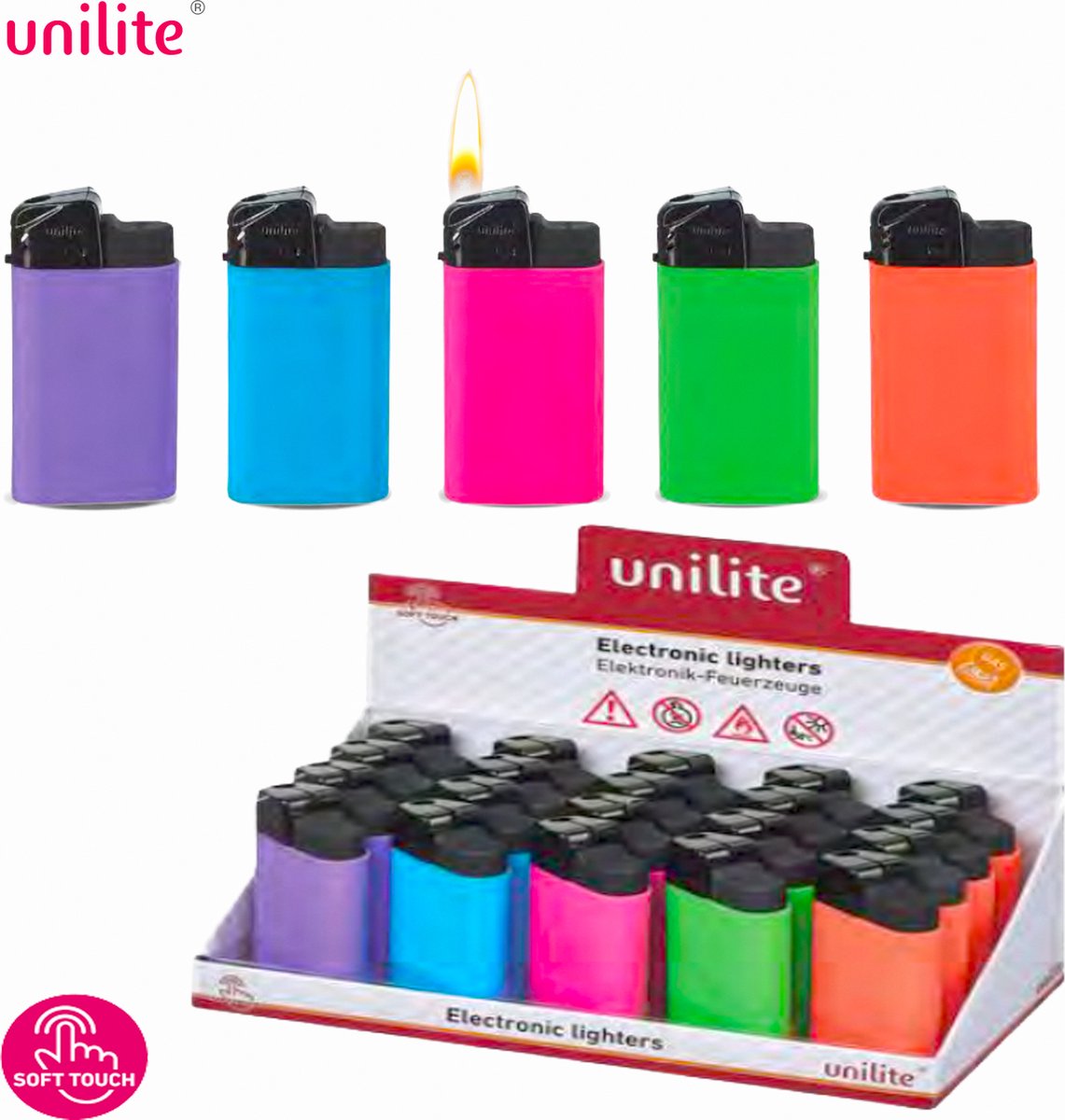 Goedkoopste Aanstekers 20 stuks in een display - navulbaar - soft touch lighters - Unilite klik aansteker