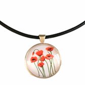 Lange Knoopkoord-Papaver-Klaproos-Cabochon-allergievrij-Charme Bijoux