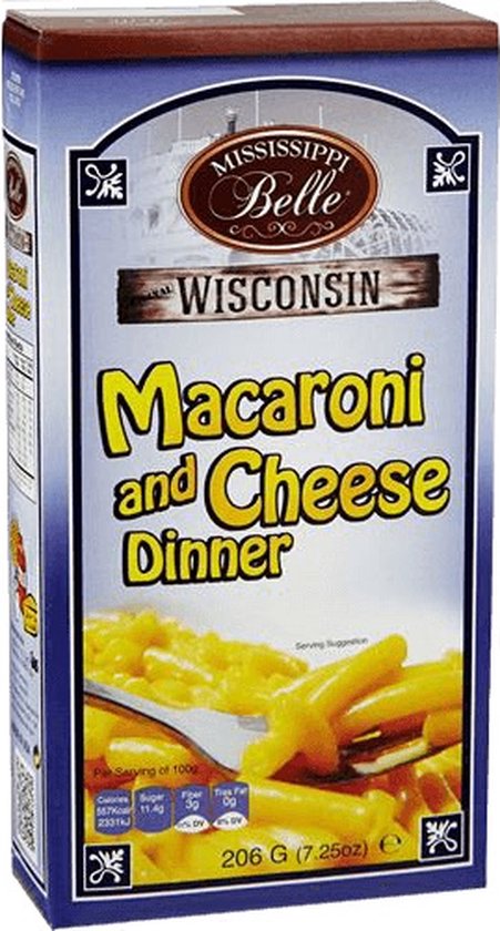 Mississippi Belle Wisconsin Macaroni and Cheese Dinner emballage illustrant des macaroni au fromage.