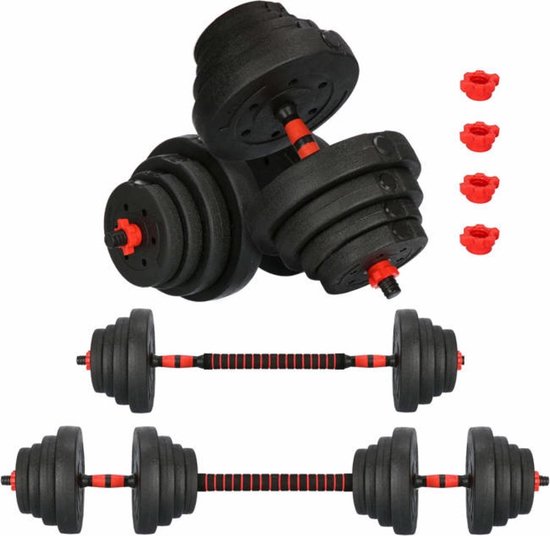 Drie verstelbare dumbbells met zwarte gewichtsschijven en rode sluitringen, plus een barbell met gewichtsschijven.