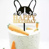 Acryl taart topper Happy Birthday goud met zwart Bulldog - taart - topper - hond - birthday - verjaardag
