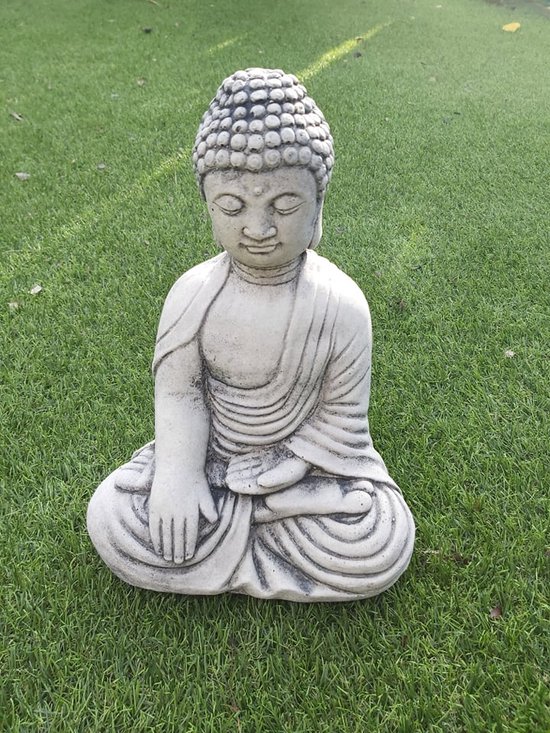 Monteur Parel achter Boeddha beeld 33cm hoog beton tuinbeeld decoratie witachtige kleur | bol.com