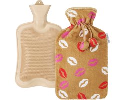 Kufl Beige Rubberen Warmwaterkruik met Wasbare Fleece Hoes - Grote Vulopening - 2 Liter