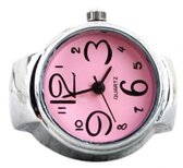 Ring horloge - rekbaar - zilverkleurig - roze - 2 cm dial - one size