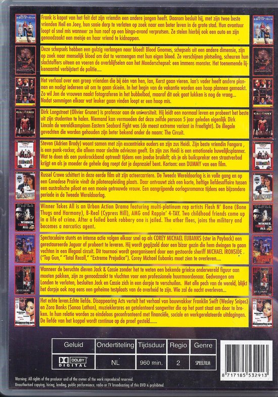 10 super films bundel, met titels zoals: A Girl, 3 Guys and a Gun, Barbarian, Bloodgnome, Circuit I, Dummy, For the Moment, Winner Takes All, Queen, Century Hotel, Disappearing Acts.