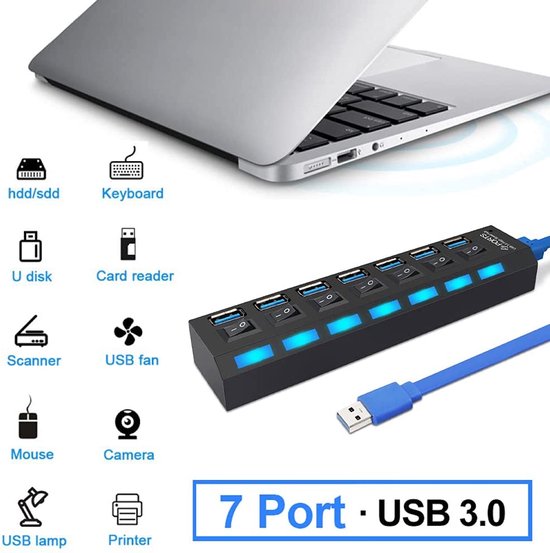 Hub 7 ports Adaptateur de Hub Multi USB 3.0 Hub haute vitesse 7 Portes  Interrupteur... | bol.com