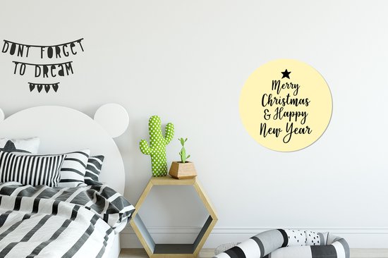 Citation de Noël Joyeux Noël et Happy année sur un fond jaune cercle mur plaque en plastique - ⌀ 30 cm - peinture ronde - impression photo en plastique (forex) cercle cercle / vie mur / (décoration murale)