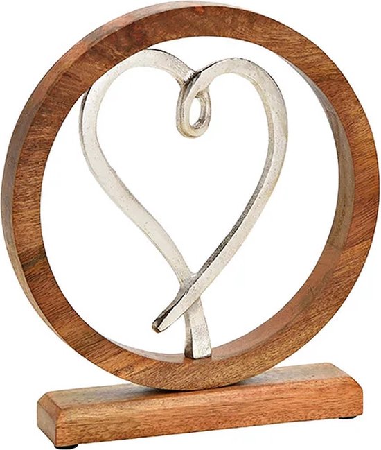 Hart - Valentijn - Liefde - Zilvermetalen hart in een cirkel en op een sokkel van mangohout
