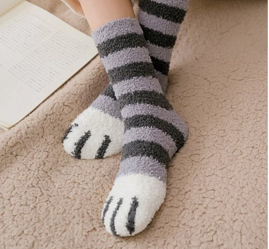 Sokken dames - warm - huissokken / print kat - grijs - zwart - wit - 36-40 - extra zacht