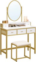 Kaptafel met kruk, make-uptafel met ovale spiegel en open compartiment, moderne lades voor slaapkamer, kleedkamer, witgoud RVT006A10