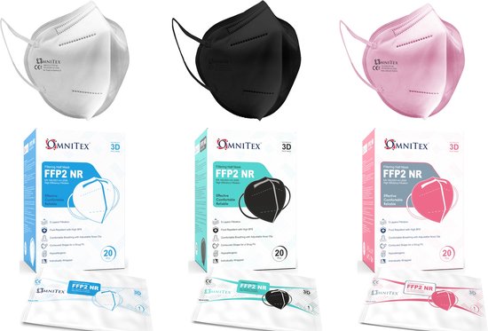 Omnitex FFP2 Zwart - gezichtsmasker - 10 stuks, individueel verpakt | Hoge filtratie - 5 lagen | EN149 CE-gecertificeerd | Hypoallergeen | Vloeistofbestendig | Oorlussen en aanpasbare neusbrug | + 2-maskerverlengers - Omnitex