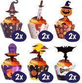 Halloween Set - Cupcake Decoratie – Taarttopper - Halloween Accessoires – Horror Feestje - Heks - Vleermuizen - Pompoen - Helloween Taart Toppers - 12 stuks