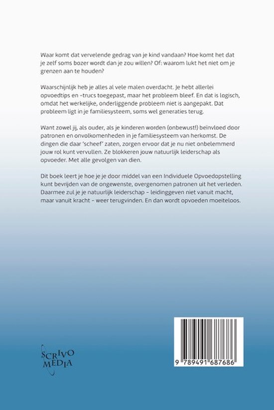 Achterkant van een boek met tekst over opvoeding en een gezin.