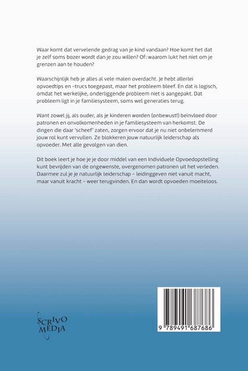 Achterkant van een boek met tekst over opvoeding en een gezin.