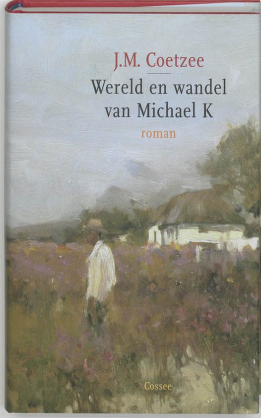 Een schilderachtig landschap met een persoon in het veld en een huisje op de achtergrond. Titel: Wereld en wandel van Michael K.