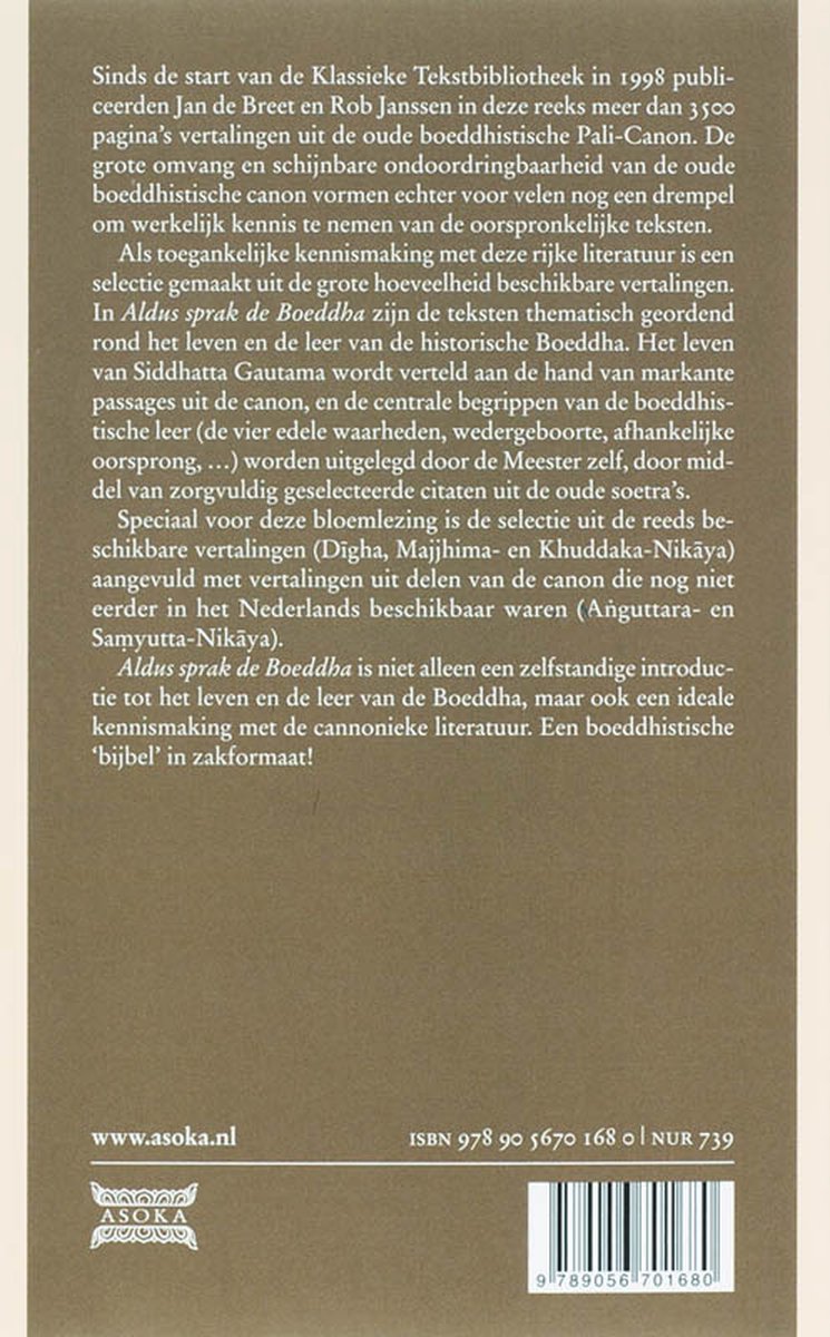 Boek "Aldus sprak de Boeddha" met tekst over de Boeddhistische Pali-Canon. Achterflap tekst.