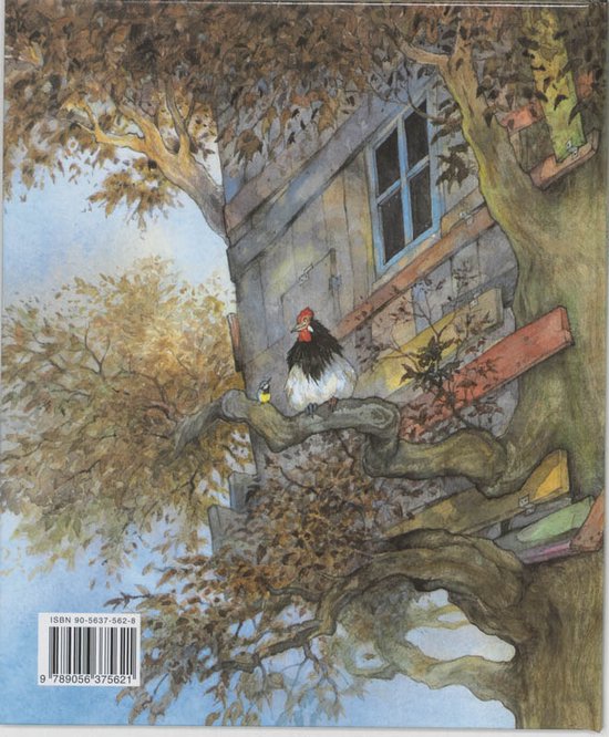 Boekomslag 'Gekke buren' met illustratie van een deel van een boomhut en een haan met een vogel.
