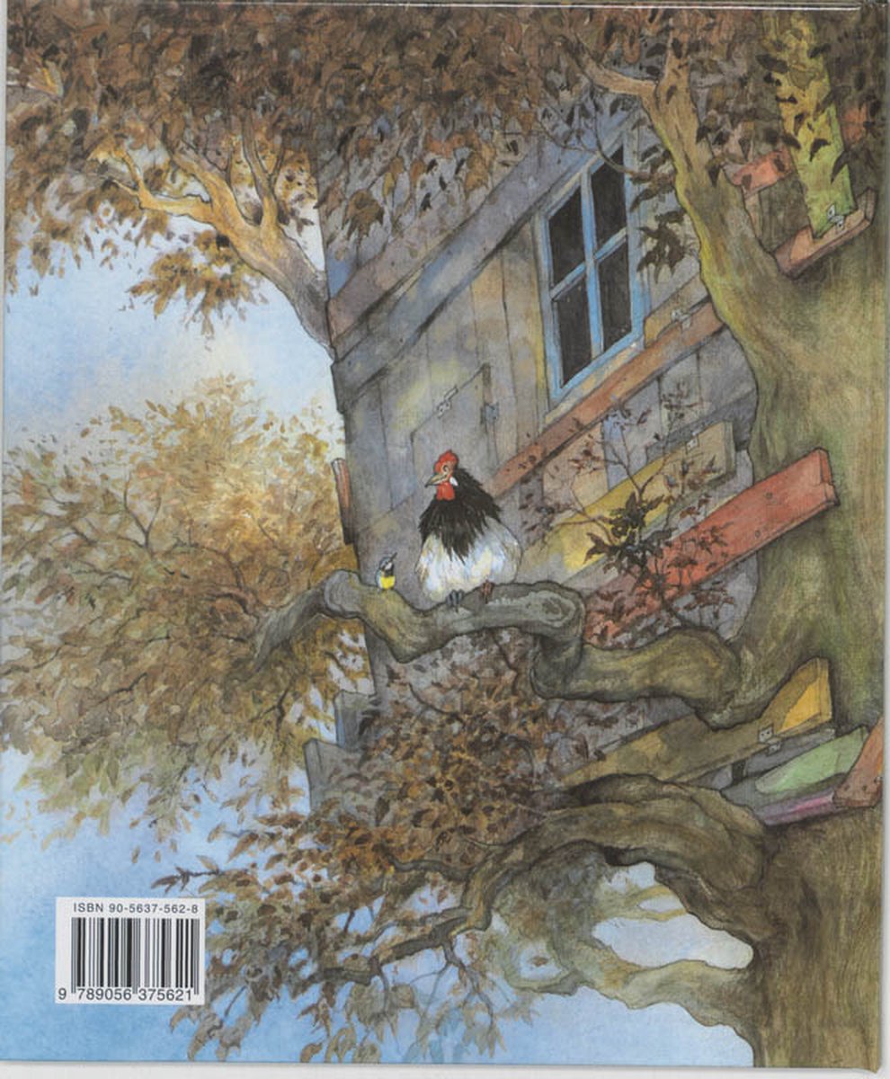 Boekomslag 'Gekke buren' met illustratie van een deel van een boomhut en een haan met een vogel.