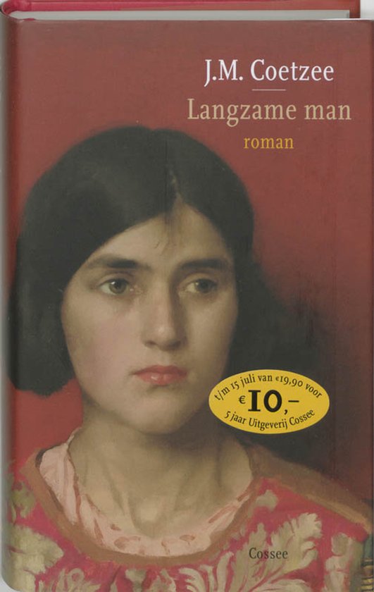 De voorkant van het boek 'Langzame man' met een schilderij van een jonge vrouw en de titel in gele letters.