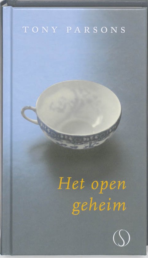 Boekomslag van 'Het open geheim' met een witte theekop met blauwe versiering.