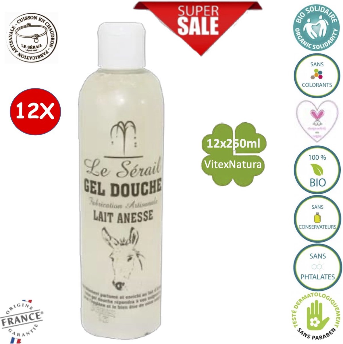Goedkoopste Ezelinnenmelk douchegel 12x250ml | Ideaal voor de gevoelige en probleemhuid | Franse ambacht | plantaardig, hypo allergeen.