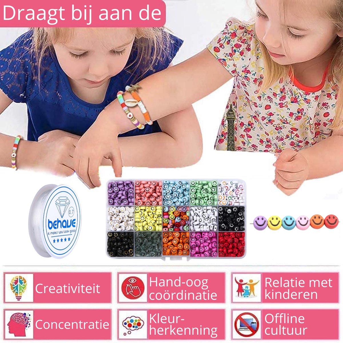 Behave Smiley Kralen Set - Emoji Kralen - DIY Sieraden maken - Rijgdraad - 15 Kleuren - 7x4mm - 80 Kralen per Kleur - Totaal 1200 Stuks — afbeelding 9