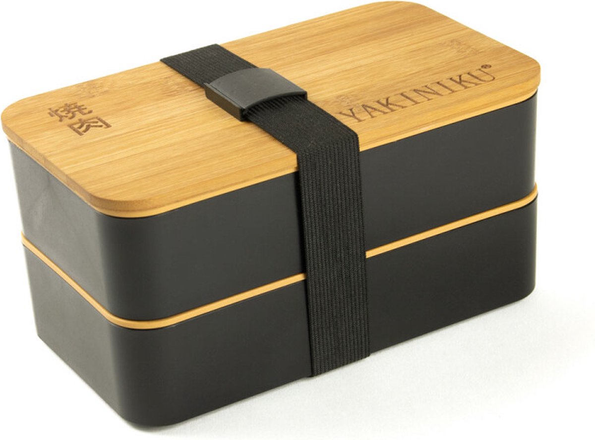 YAKINIKU - Bento Box - Yumbox - Lunchbox Voor Volwassenen - Vershouddoos - Zwart - Met Bamboedeksel - Inclusief Deksel Lepel Vork Mes en Snijplank - Lunch Box Met Vakjes -